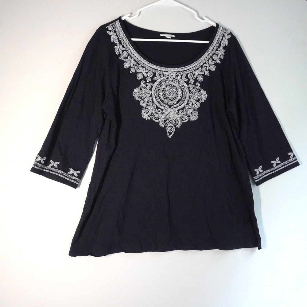 J. Jill Embroidered Tunic Top‎ 3/4 Sleeve Bohemian Blouse Black Size L Mature
